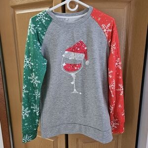 Holiday Sweatshirt with Wine Glass Design and Snowflake sleeves